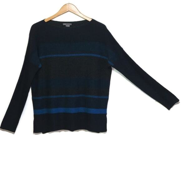 Vince Wool Cashmere Striped Boat Neck Long Sleeve Sweater Blue Gray Casual S - Picture 7 of 16